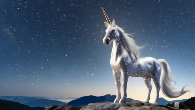 A majestic unicorn with a glowing horn stands on a mountain peak under a starry night sky. The mythical creature's presence exudes magic and wonder, creating an enchanting fantasy scene.
