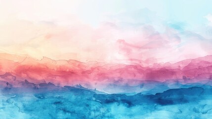 The watercolor painting shows a beautiful mountain landscape with a gradient of blue and pink.