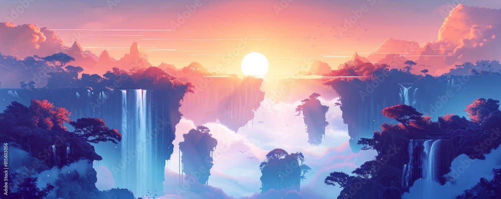 Poster a mystical realm of floating islands and cascading waterfalls, where mythical creatures and ancient 