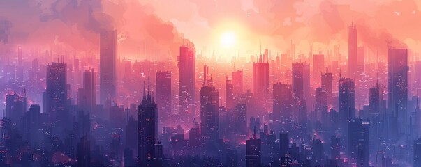 A dystopian metropolis cloaked in perpetual smog, where towering skyscrapers cast ominous shadows over the crowded streets below.   illustration.