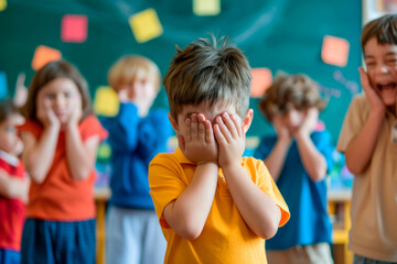 A little boy covering his face with his hands is bullied by his classmates.