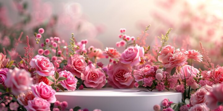 Podium background flower rose product pink spring table beauty stand display nature white. Garden rose floral summer background podium cosmetic valentine easter field scene gift purple day romantic - Powered by Adobe