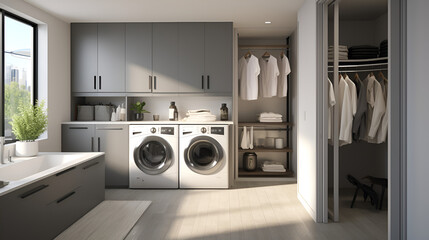 A washer and dryer in a small room, A cozy laundry nook with smart and efficient appliances that take the chore out of washing