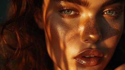 Fototapeta premium Close-up portrait showcasing natural beauty and strong features. High-fashion beauty portrait with chiseled features and earthy makeup.