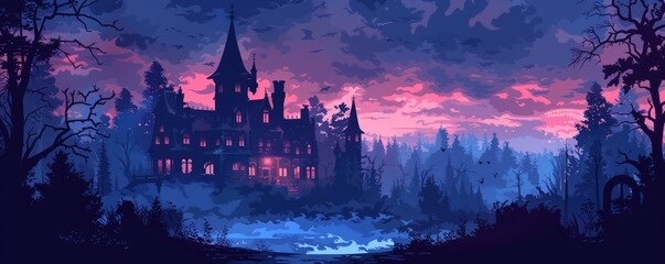 Fototapeta premium A haunted mansion engulfed in fog, with crumbling walls and shadowy corridors concealing the restless spirits that haunt its halls. illustration.