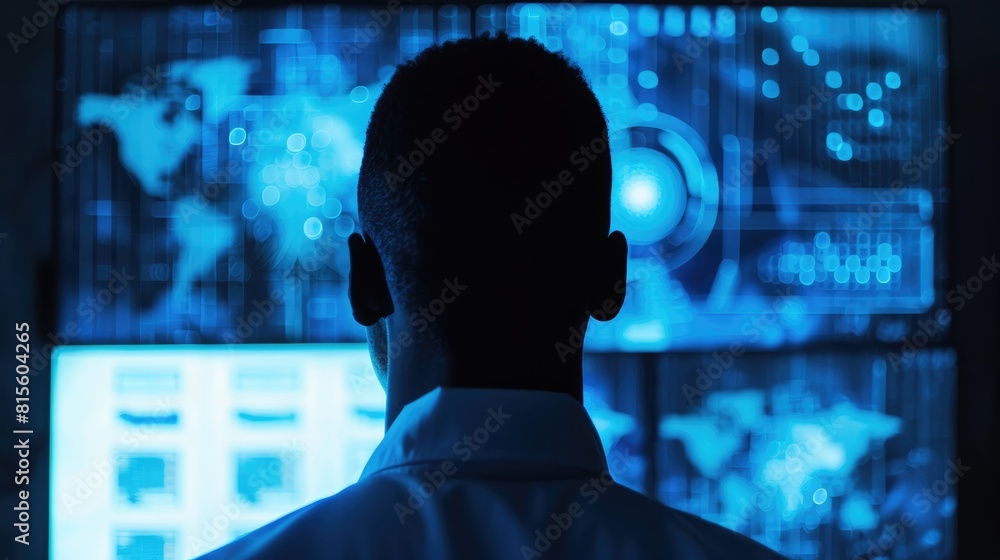 Aufkleber head monitor showing hacker indicators on a blue screen