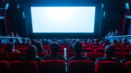 Cinema blank wide screen and people in red chairs in the cinema hall. Blurred People silhouettes watching movie performanc. Generative AI illustration 