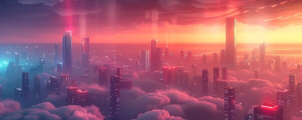 A futuristic metropolis where sleek skyscrapers pierce the clouds, their mirrored surfaces reflecting the neon glow of the city below.   illustration.