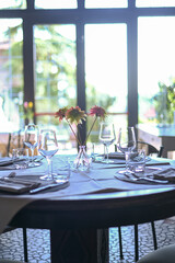 Tasteful table arrangement with flowers and glassware, bathed in soft daylight