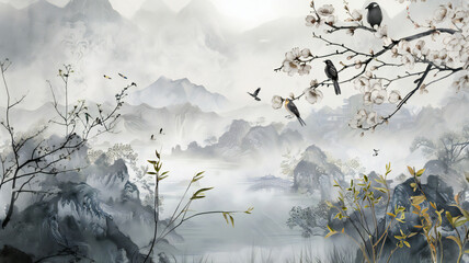 Blossom Chinoisserie Mural Silver Wallpaper, Watercolor background, birds, Tropical plant,