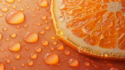 A detailed image showcasing an orange slice adorned with water droplets