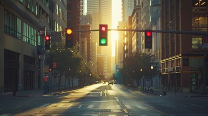 Close-up of a traffic signal with city traffic in the background.
