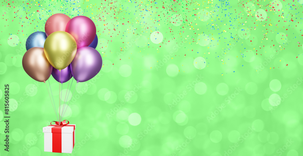 Poster flying gift box with multicolored shiny balloons on blurred green background with confetti. 3d rende