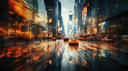 Fototapeta premium A dynamic urban street scene captured at twilight with a wet surface reflecting city lights and moving vehicles, exuding a bustling city vibe.