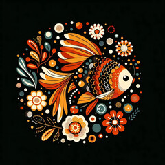 This illustration shows a brightly colored goldfish surrounded by various plants and flowers. black color background Goldfish are detailed with bright patterns and colors.