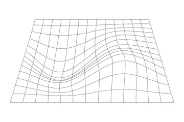Distorted black grid on white background. Waved mesh texture. Fish net with deformation effect. Bented lattice surface. Vector graphic illustration