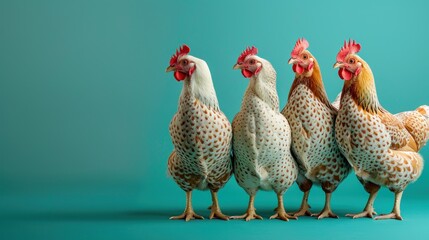A group of chickens standing in a row on a green background