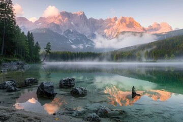 Background Peaceful. Impressive Sunrise at Eibsee Lake with Zugspitze Mountain Range in Bavaria, Germany