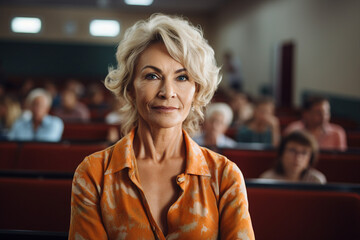 Obraz premium Portrait of happy middle aged female listening teacher in classroom generative AI