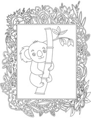 Koala in A Floral Frame Coloring Page. Printable Coloring Worksheet for Kids. Educational Resources for School and Preschool.