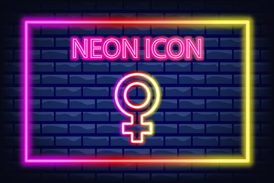 Woman gender neon line icon. Self determination, girl, getero, female beauty, figure, mental health. Personal care concept. Neon Line icon on break background.
