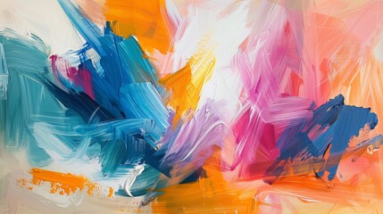 Large brush strokes of bright pink, blue and yellow dance across the canvas to create a vibrant and colorful abstract painting.