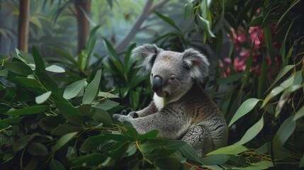 A koala leisurely sits amidst lush foliage