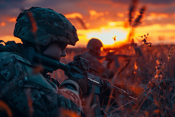 Obraz premium Generative AI image of military operation mission on silhouette sunset in field