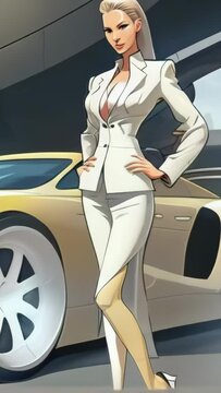 beautiful gorgeous pretty fashion blonde model strong woman with supercar in comix cartoon style - 4K stock Video Animation footage