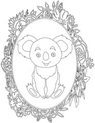 Koala in A Floral Frame Coloring Page. Printable Coloring Worksheet for Kids. Educational Resources for School and Preschool.
