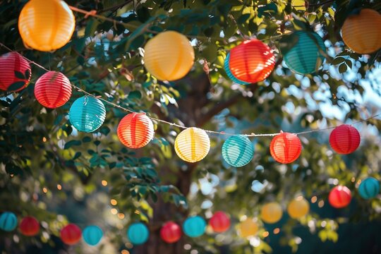 Partydekoration f&uuml;r eine Gartenparty im Sommer, Leuchtende Lampion Girlande 