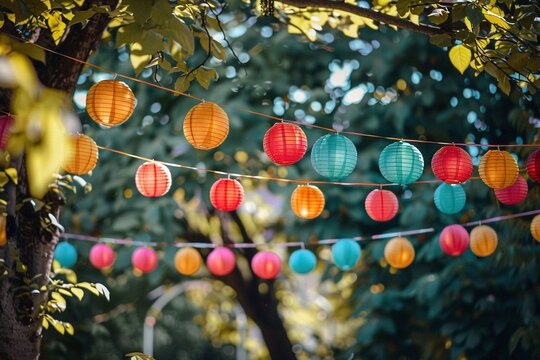 Partydekoration f&uuml;r eine Gartenparty im Sommer, Leuchtende Lampion Girlande 