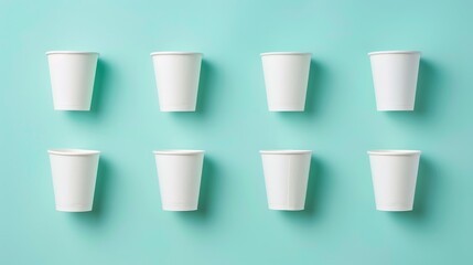 A poster design showcasing white paper cups and foam pads arranged on a solid color background