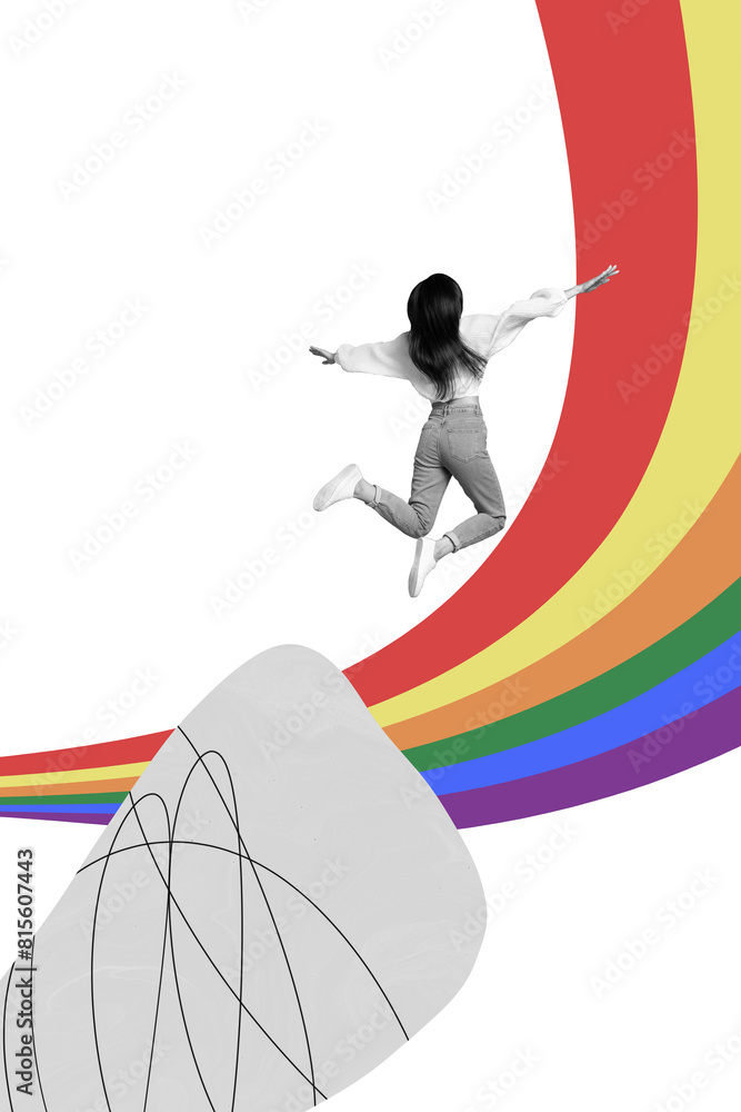 Canvas Prints Sketch image trend artwork composite 3D photo collage of freedom gay gender lesbian lgbt young woman back jump edge cliff fly rainbow