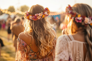 Generative AI illustration of happy children of sun hippie retro people guys celebrating partying on nature