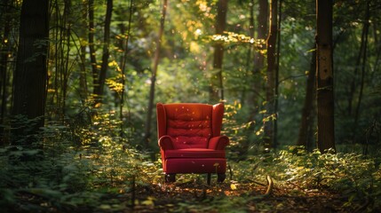 A crimson armchair rests in the serene embrace of the forest.