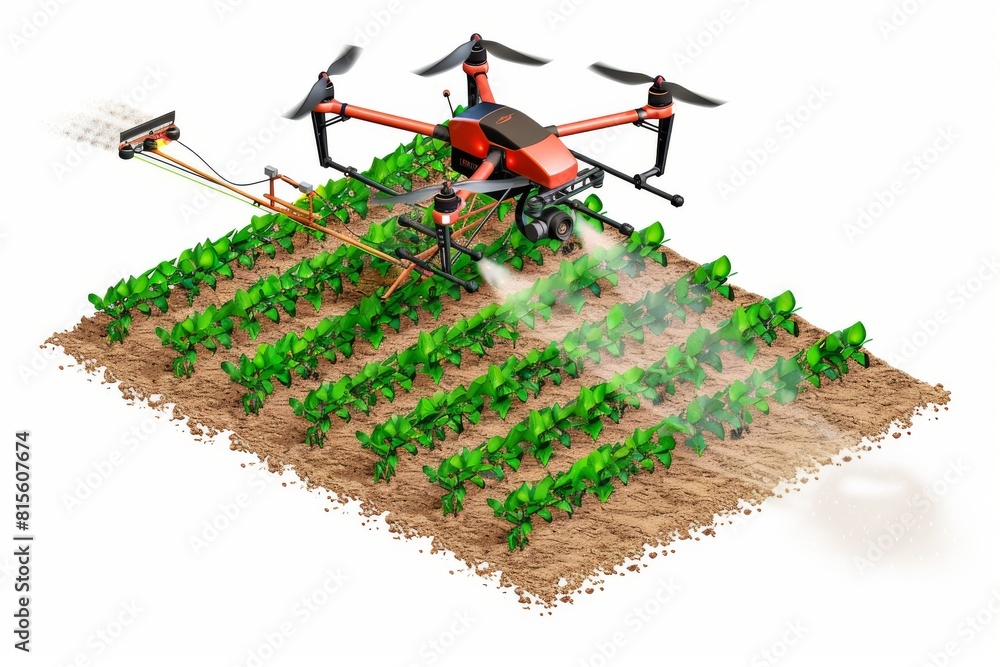 Poster drone technology optimizes pesticide application in farming, navigating difficult terrain and improv