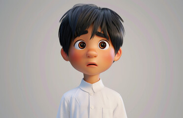 3D cartoon character design of an Asian man with black hair and big eyes looking sad