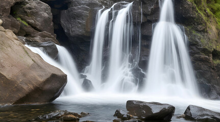 Fototapeta premium A crystal clear waterfall cascading down a rocky cliff, the water splashing against the rocks in a satisfying rhythm