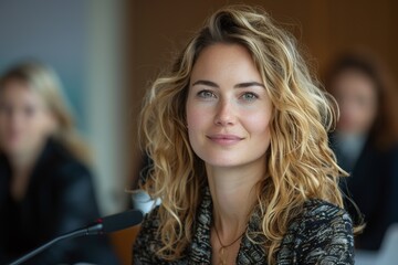 Obraz premium Happy and elegant young woman at a conference speaking with a microphone