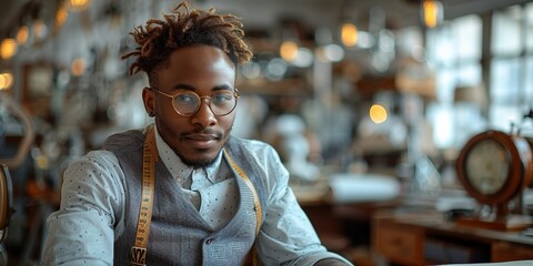 A confident and stylish African American craftsman poses outside his workshop, exuding happiness and success.