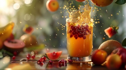 A visually stunning food photography advertisement presenting a glass of fruit juice on a table