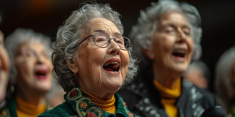 Happy elderly women singing in a choir, spending time together, sharing laughter and music.
