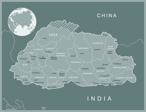 Bhutan - detailed map with administrative divisions country. Vector illustration