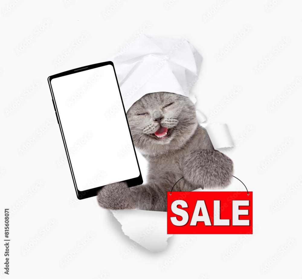 Poster happy cat wearing chef's hat looking through the hole in white paper showing smartphone with white b