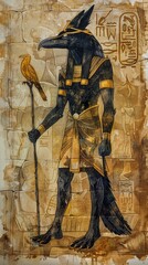 Fototapeta premium A watercolor illustration of Anubis learning rituals and traditions of the afterlife in a symbolic environment