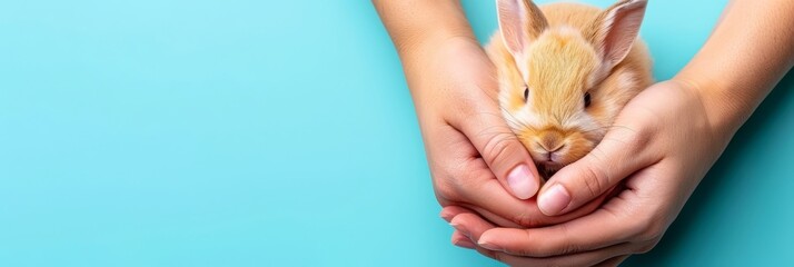 Adorable little bunny held in hands on blue background with space for custom text or banner design