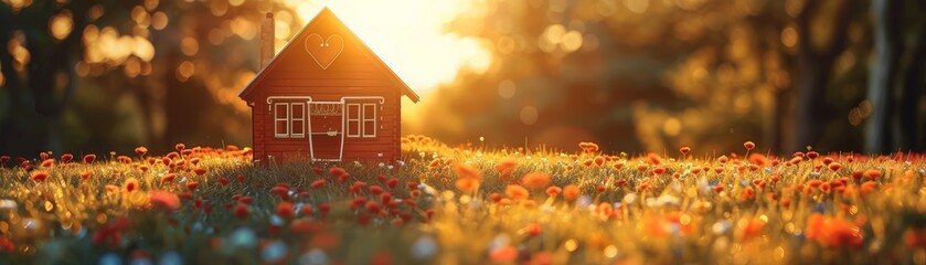 Small red cabin in the middle of a flower field during sunset. - Powered by Adobe