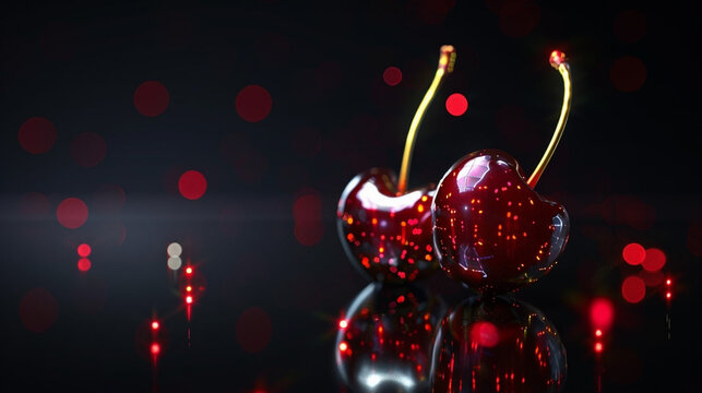 Burgundy cherries decorated with lights and bokeh, digital composition with space for text