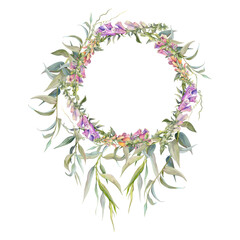 Hand drawn watercolor illustration shabby boho botanical flowers leaves. Willow eucalyptus branch, foxglove snapdragon lupin. Wreath frame isolated on white background. Design wedding, love cards